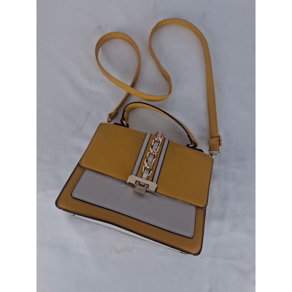 ALDO Women’s Mustard Yellow & Cream Crossbody Shoulder Bag Purse Chain Accent